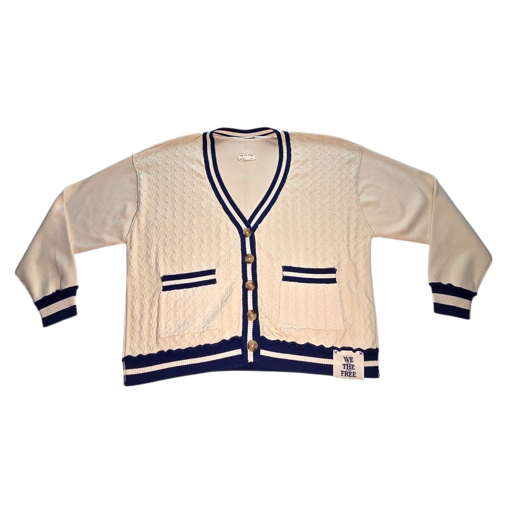 We The Free Varsity Cardigan Ecru Blue Cable Knit Oversized Collegiate S NWOT - Picture 4 of 15